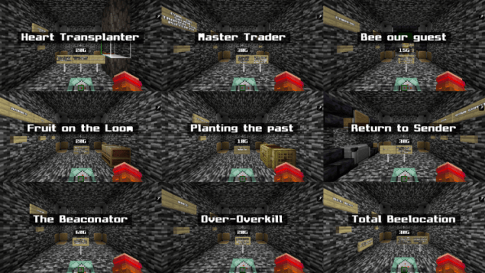 1. Nine achievement rooms with signs and blocks