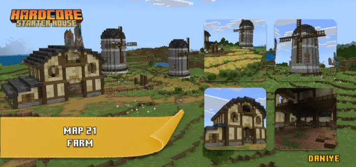 Farmhouse and windmills on grassy terrain