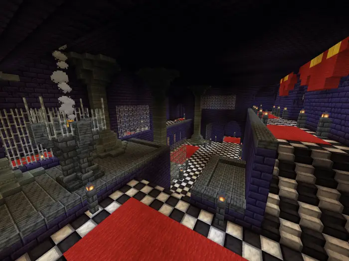 Dark castle interior with red carpets and cages