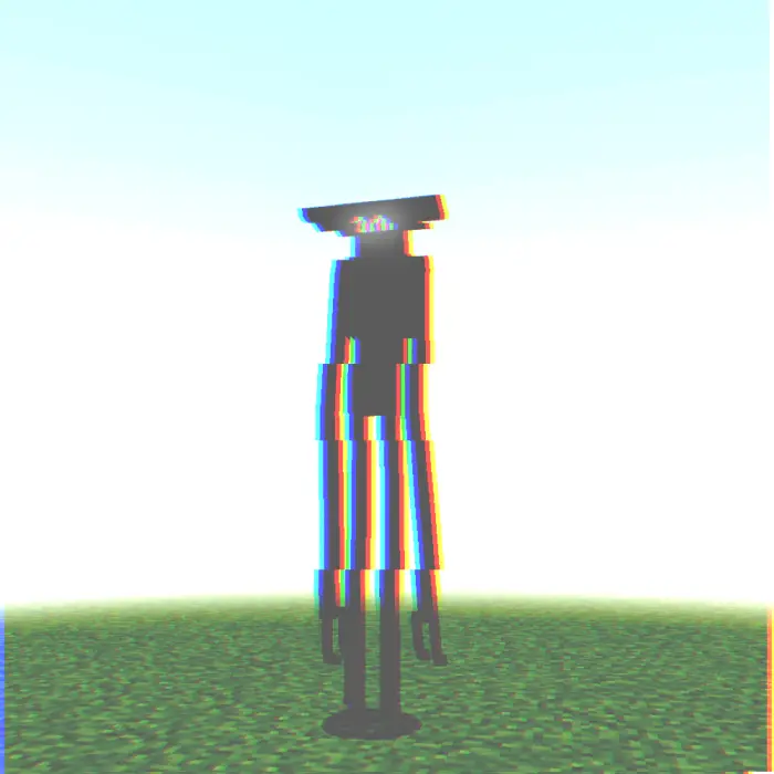Tall glitchy horror creature on grass.