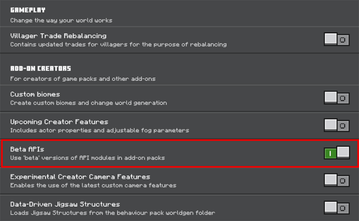 Settings menu with Beta APIs option enabled