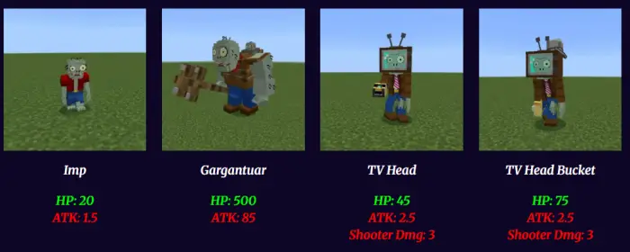 Imp, Gargantuar, and TV Head zombie mobs