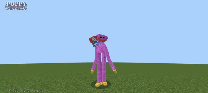 Pink creature with toys on grassy field