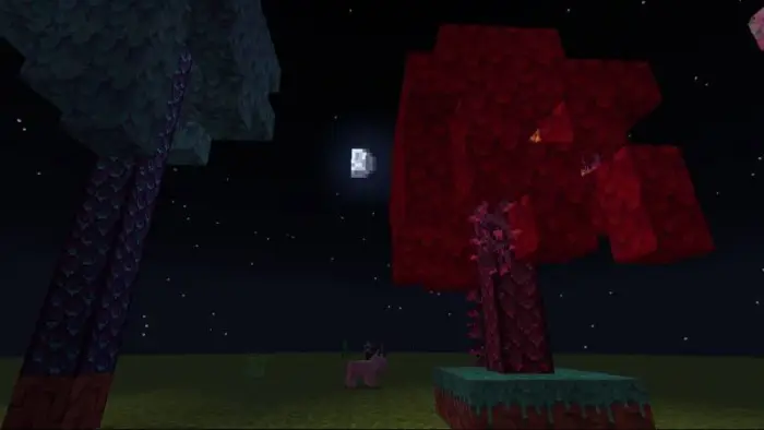 Colorful pixel trees under a night sky.