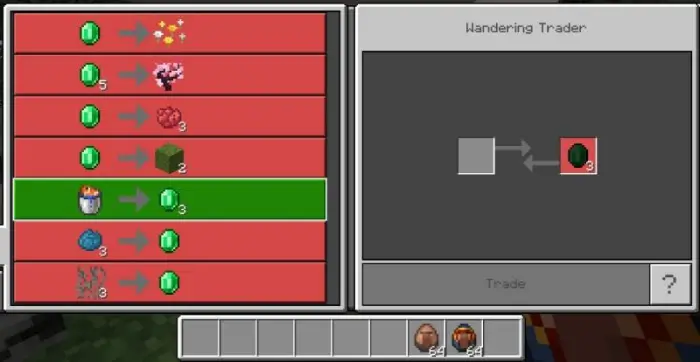 Villager trade menu with buy and sell options