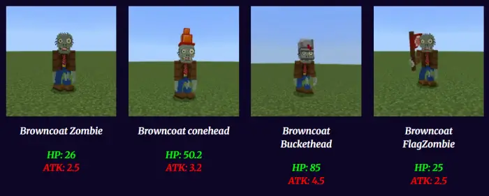 1. Browncoat zombie with stats display 2. Conehead zombie holding traffic cone 3. Buckethead zombie with stats shown 4. Flag
