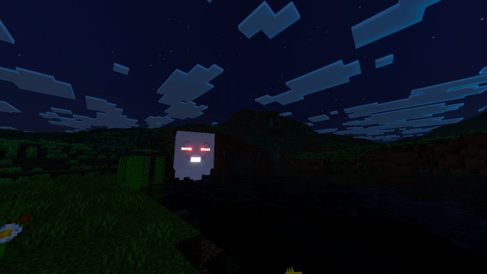 Emissive-eyed ghast floats by a lake at night