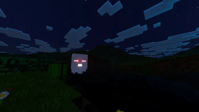 Emissive-eyed ghast floats by a lake at night
