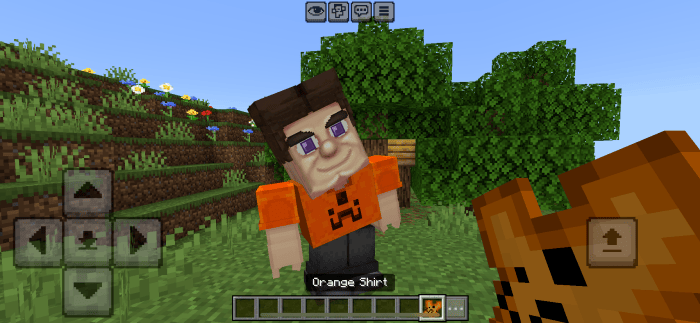 Grotesque Steve character with orange shirt