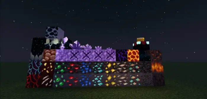 Glowing blocks and ores under night sky