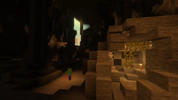 Ancient cave with relics and a green mob