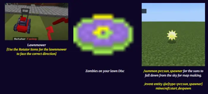 1. Lawnmower item and rotator tool 2. Zombies on your lawn music disc 3. Sun collectible on grassy field