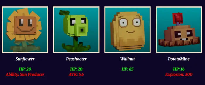 Sunflower, Peashooter, Wallnut, PotatoMine models