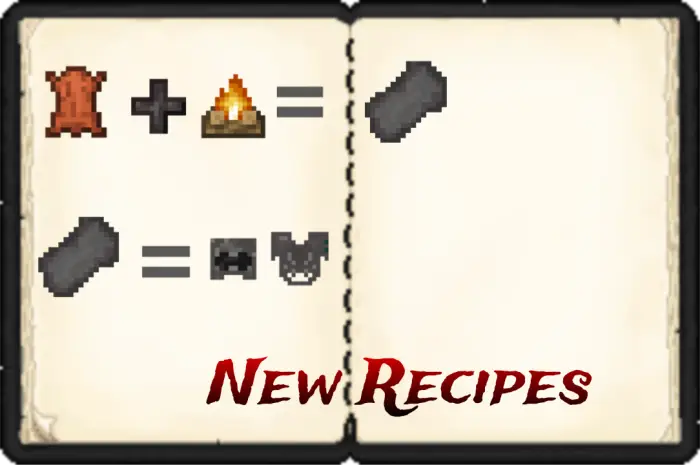 Crafting recipes book with new items shown.