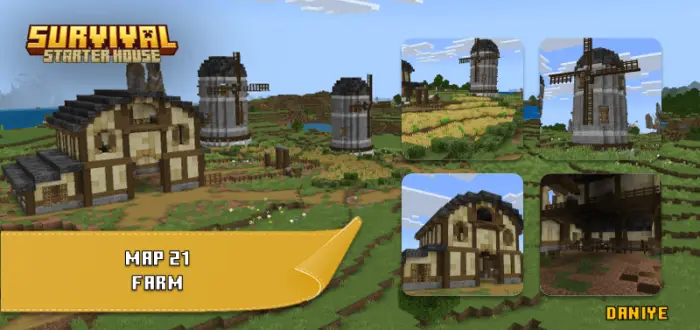 Farmhouse and windmills on grassy terrain