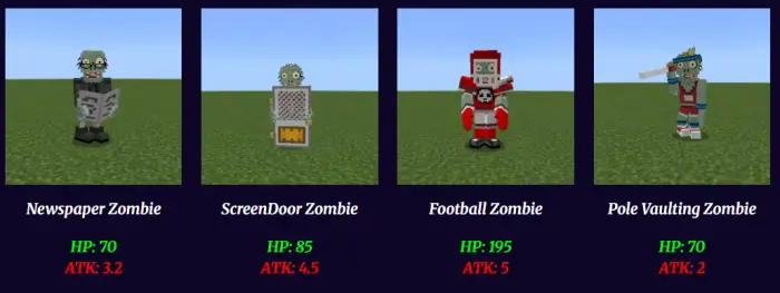 Four custom zombie mobs with stats displayed