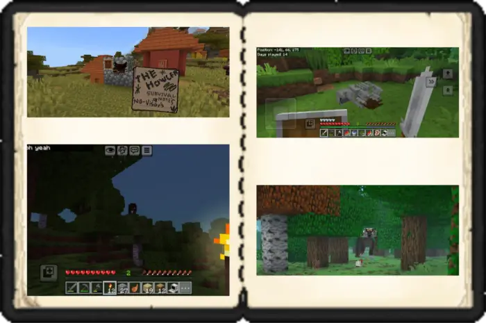 1. Creature near a village sign 2. Player facing creature in grassy area 3. Night encounter with hostile creature 4. Creature