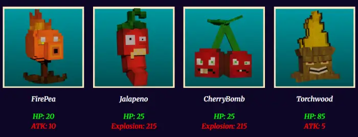 1. FirePea character with fire effect 2. Blocky Jalapeno with angry face 3. CherryBomb pair with green stems 4. Torchwood wit