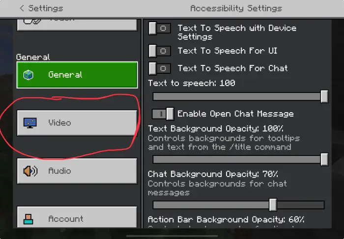 Settings menu showing Video option highlighted.