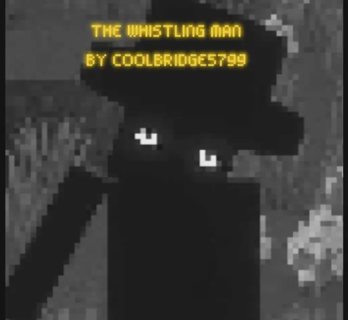 Pixelated shadowy figure with glowing eyes.