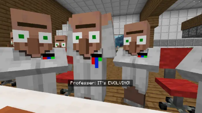Blocky scientists react to muffin evolving