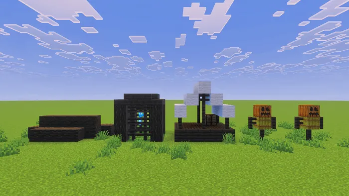 Screenshot showing Pillager Outpost features (Logs, Cage, Tent, and Targets).