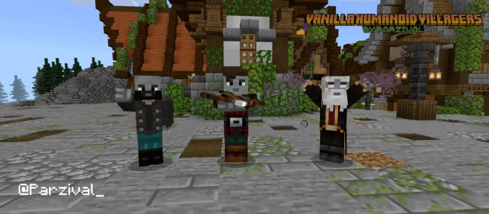 Three humanoid villagers in a village setting