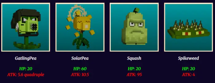 GatlingPea, SolarPea, Squash, and Spikeweed
