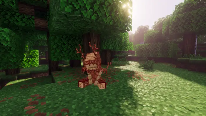 Wooden golem stands in sunlit forest.