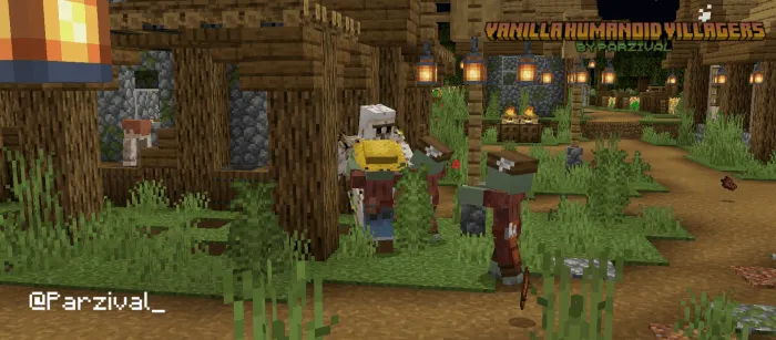 Humanoid villagers outside wooden houses