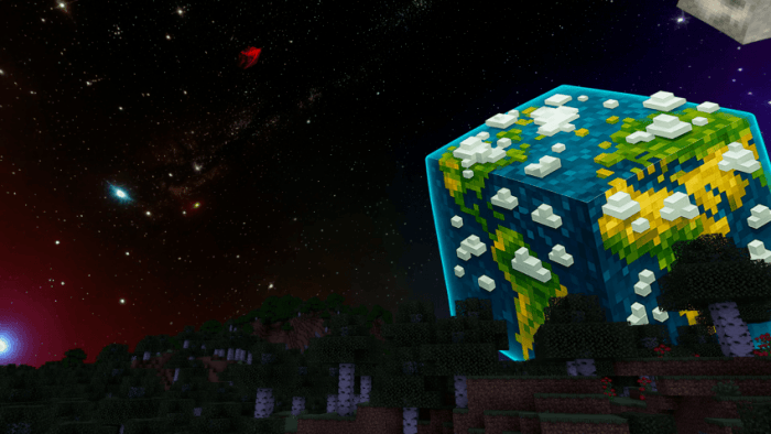 Cube-shaped planet and stars in night sky