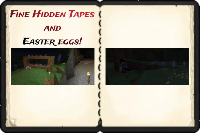 Left Hidden tapes displayed on a shelf Right Player crouching near trees at night