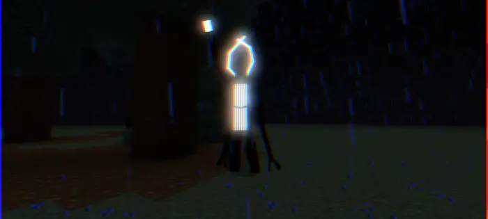 Glowing creature in rainy, dark landscape