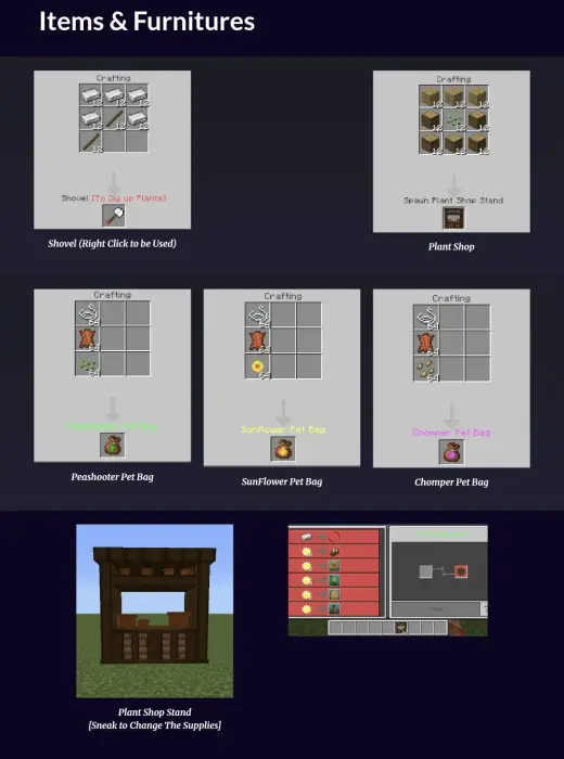 Crafting recipes and plant shop interface.