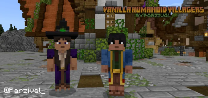 Two humanoid villagers in a town square