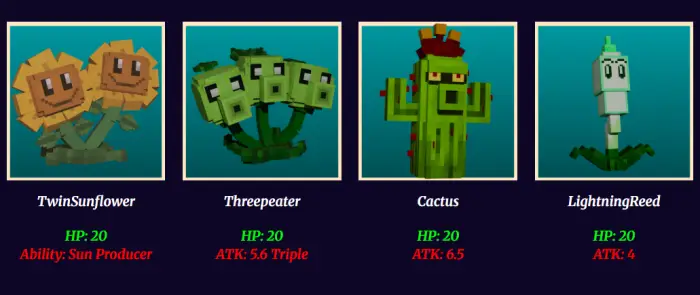 Four blocky Plants vs. Zombies plant models