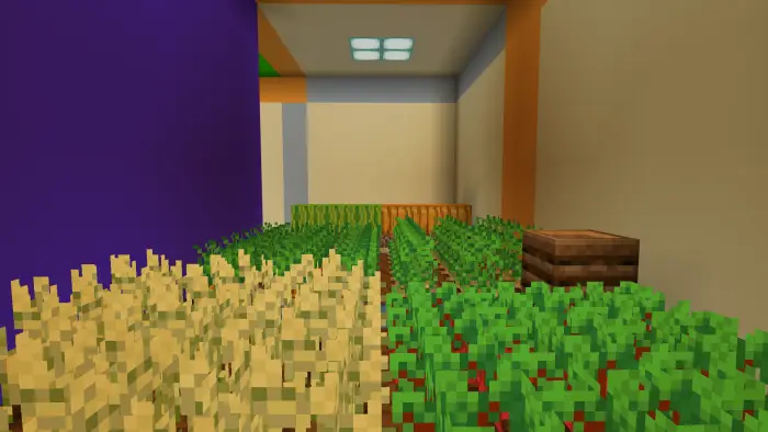 Blocky indoor farm with wheat and carrots