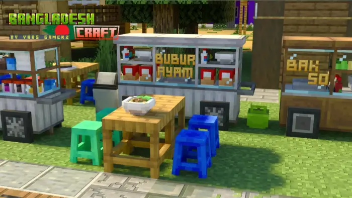 Street food stalls with tables and stools
