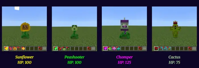 1. Sunflower with 100 HP displayed 2. Peashooter with 100 HP displayed 3. Chomper with 125 HP displayed 4. Cactus with 75 HP