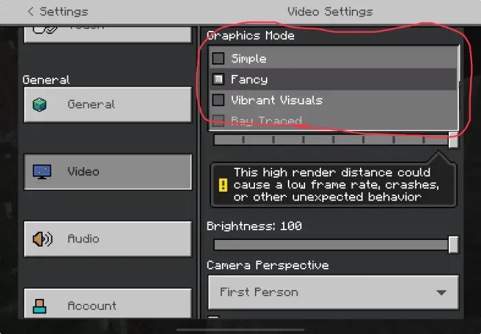 Graphics mode options in video settings menu