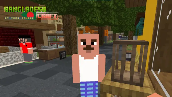 Pixelated village street with blocky characters