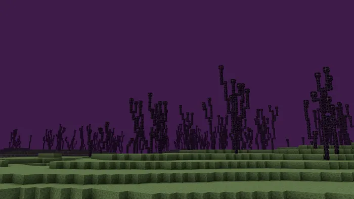Purple fog over blocky landscape and trees