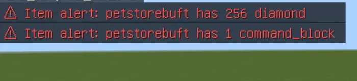 Red item alerts showing diamond and command block.