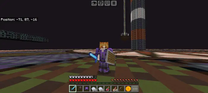 Player in armor holding sword and shield