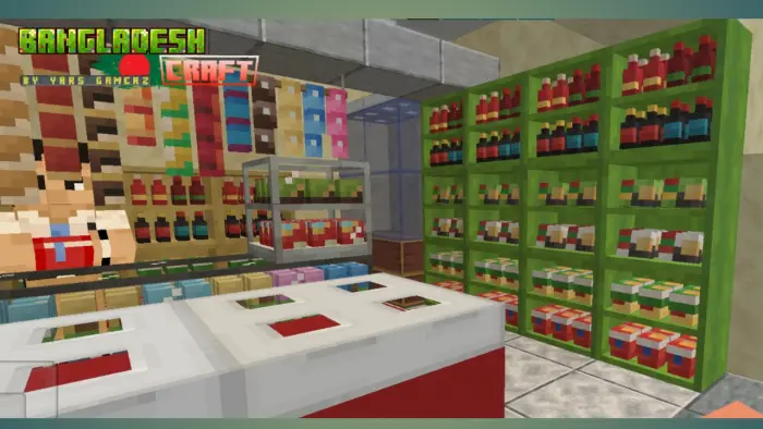 Blocky shop interior with colorful shelves