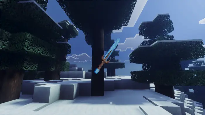 Blue sword floating in snowy forest scene