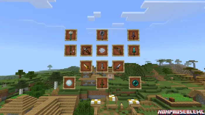 Item frames with various tools and weapons
