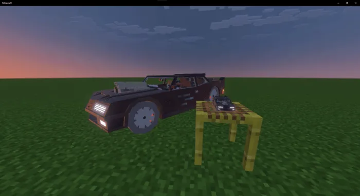 Rusty wasteland car next to a small table