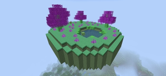 Floating island with purple trees and a pond