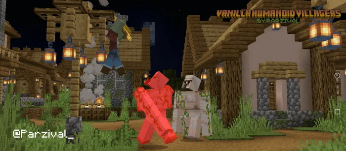 Humanoid villagers and golem in a village